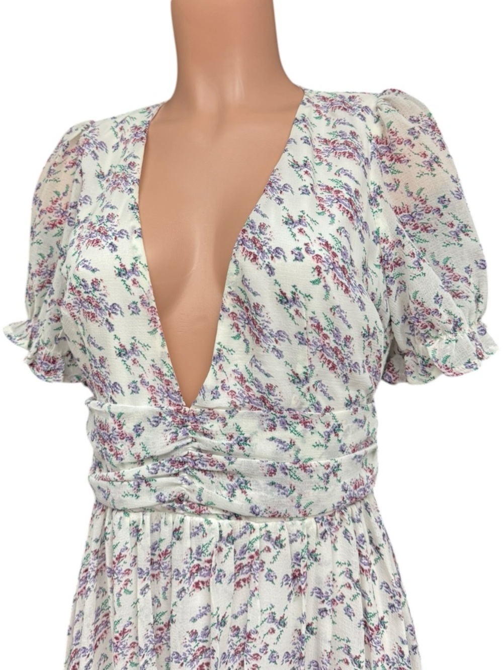 Nasty Gal Ditsy Floral Maxi Dress V Neck Puff Sleeve Slit Size 8 in Lavender - Picture 7 of 11